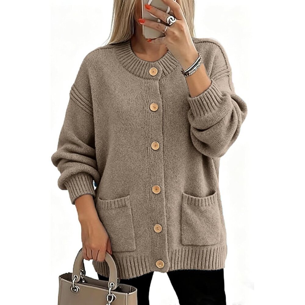 Women's Fuzzy Knit Cardigan Sweater Large Cozy Button Up Crew Neck Fall